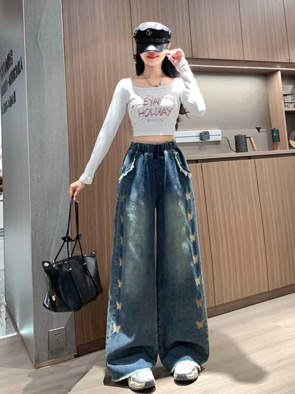 Women Plus Size L-6XL Spring New Foreign-style Embroidery Elastic Waist High Waist Floor Pants Loose Comfortable Wide-leg Jeans M260310