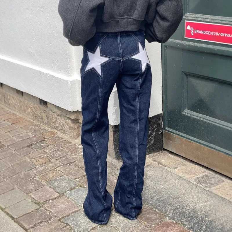 Y2K Denim Pants Womens Star Embroidery Color Block Patchwork Casual Pants Multiple Slim Fit Trendy Comfortable Millennium JeansT260310