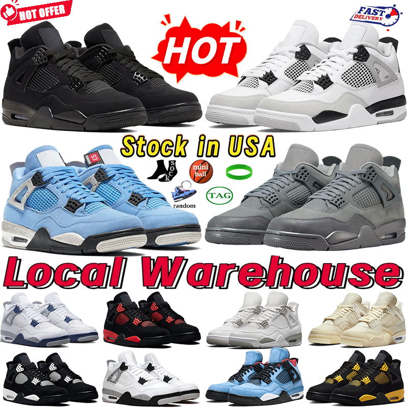 Local Warehouse 4s Basketball Shoes Low Black Cat Medium Pink University Blue Thunder Military Black Stock in USA Mens Womens Designer Sneakers sport men Trainers