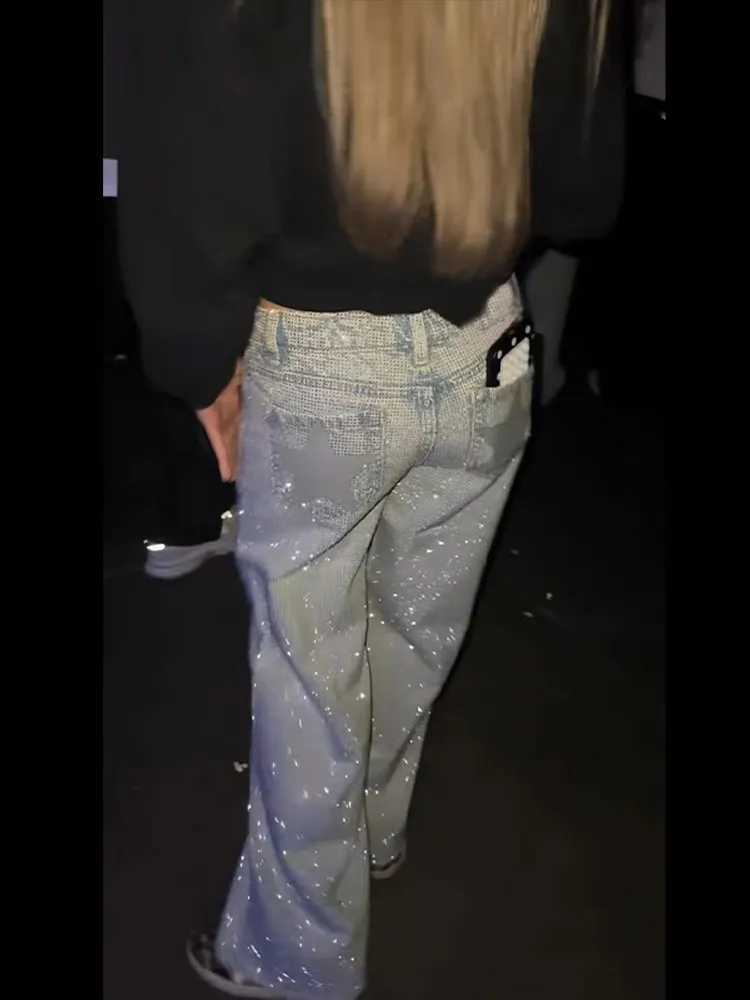 Shining Womens Rhinestone Denim Jeans Sparkly Star High Waist Wide Leg Pants Spring Female Party Clubwear Streetwear TrousersT260310