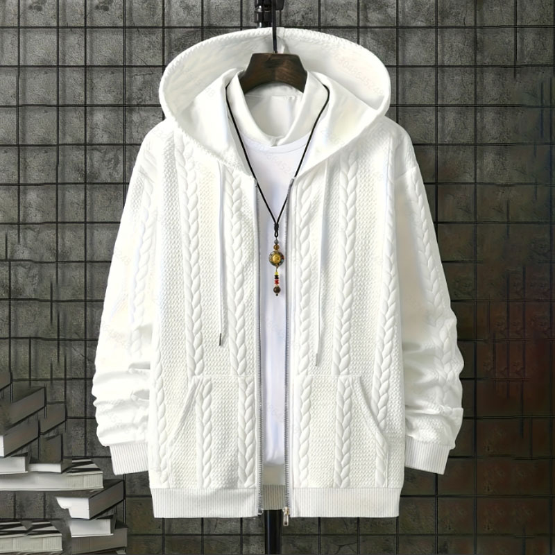 Men's Fashion Jacquard Zip Up Hoodie, Stand Collar Comfortable Outerwear