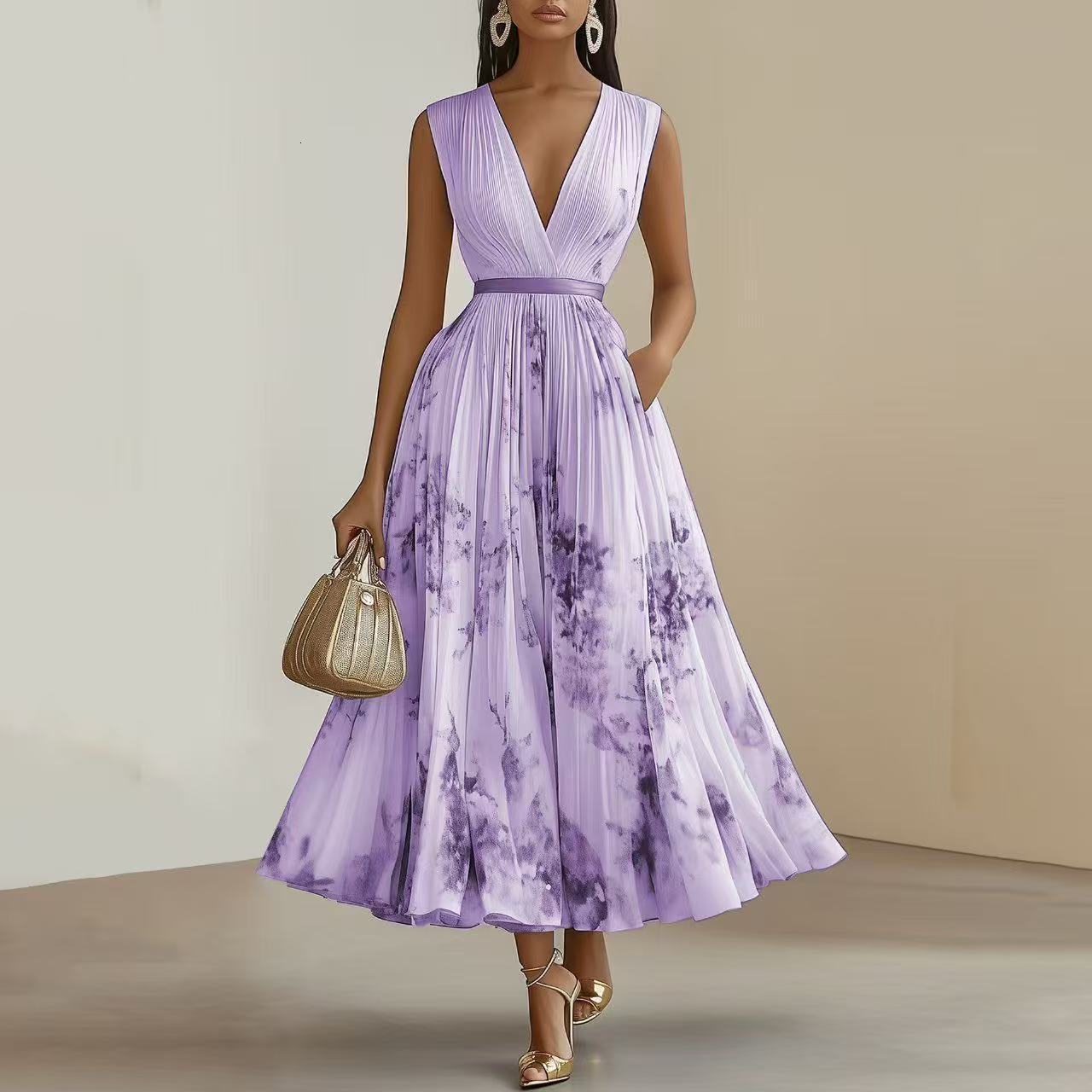 Maxi womens plus size wedding purple floral print empire waist tuning short sleeved V-neck elegant casual long skirt 240824