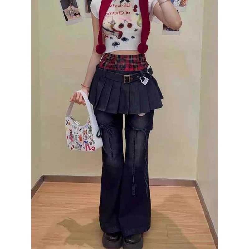 YIBASHU Autumn Womens Denim Pants Slim Flared Jeans Fake Two Pieces Bell Bottom Jeans Abi Y2k Dark Academia Skinny Cyber Punk M260310