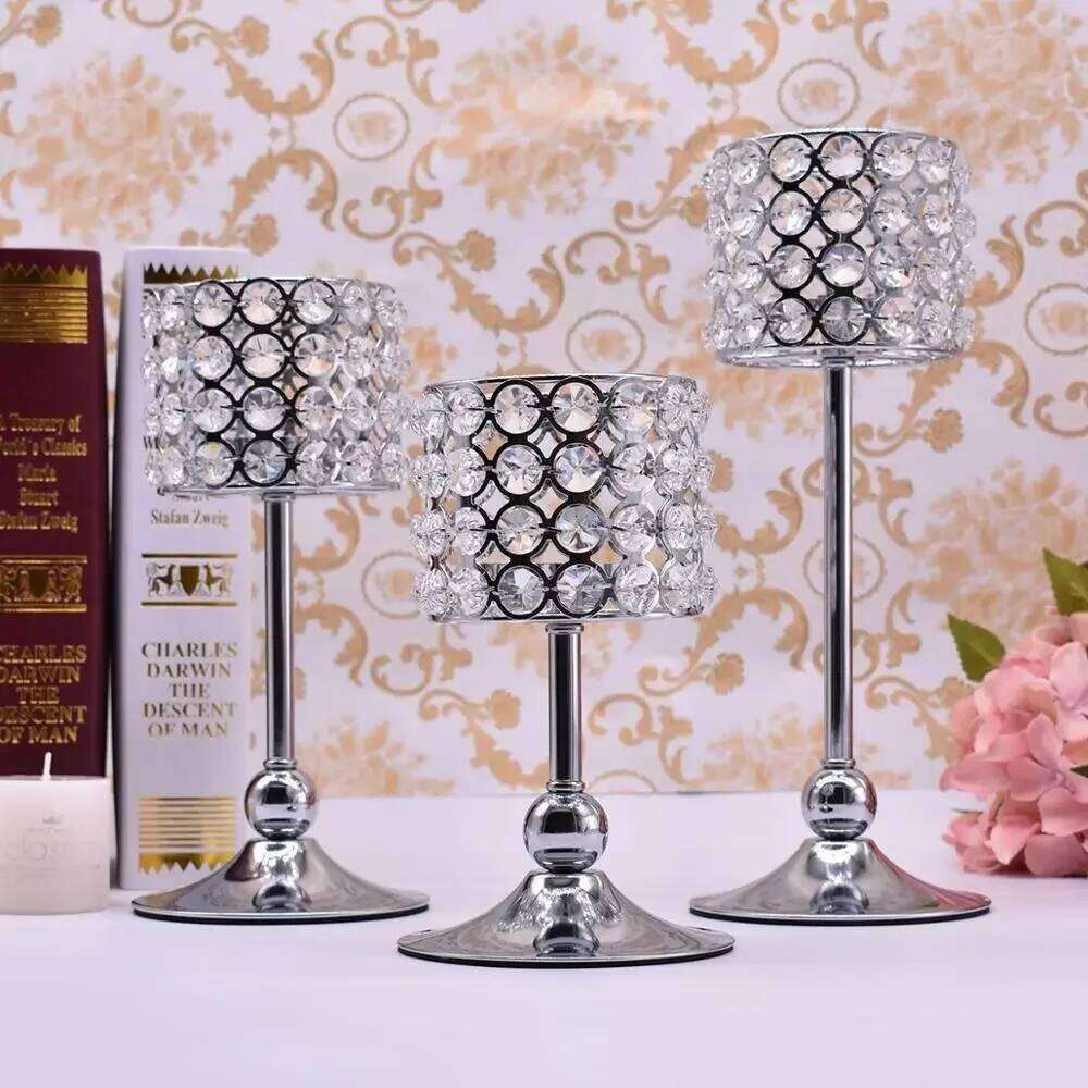 Peandim Silver Gold Plated Candlestick Crystal Candelabra Centerpieces Wedding Party Decor Romantic Home Table Candle Lantern H260310