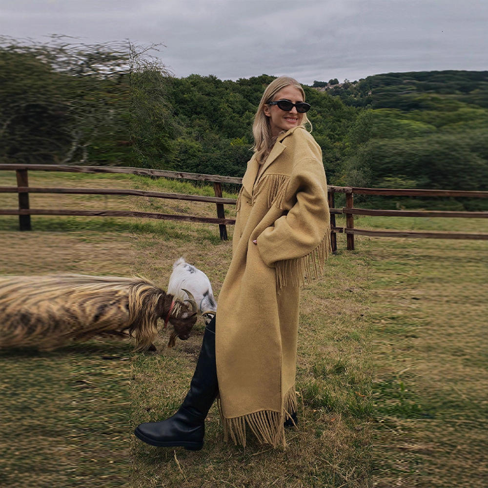 Womens 2025 FallWinter Coat with Turndown Collar Tassel Design and Tassel Scarf Long Trench Coat for Women 201222