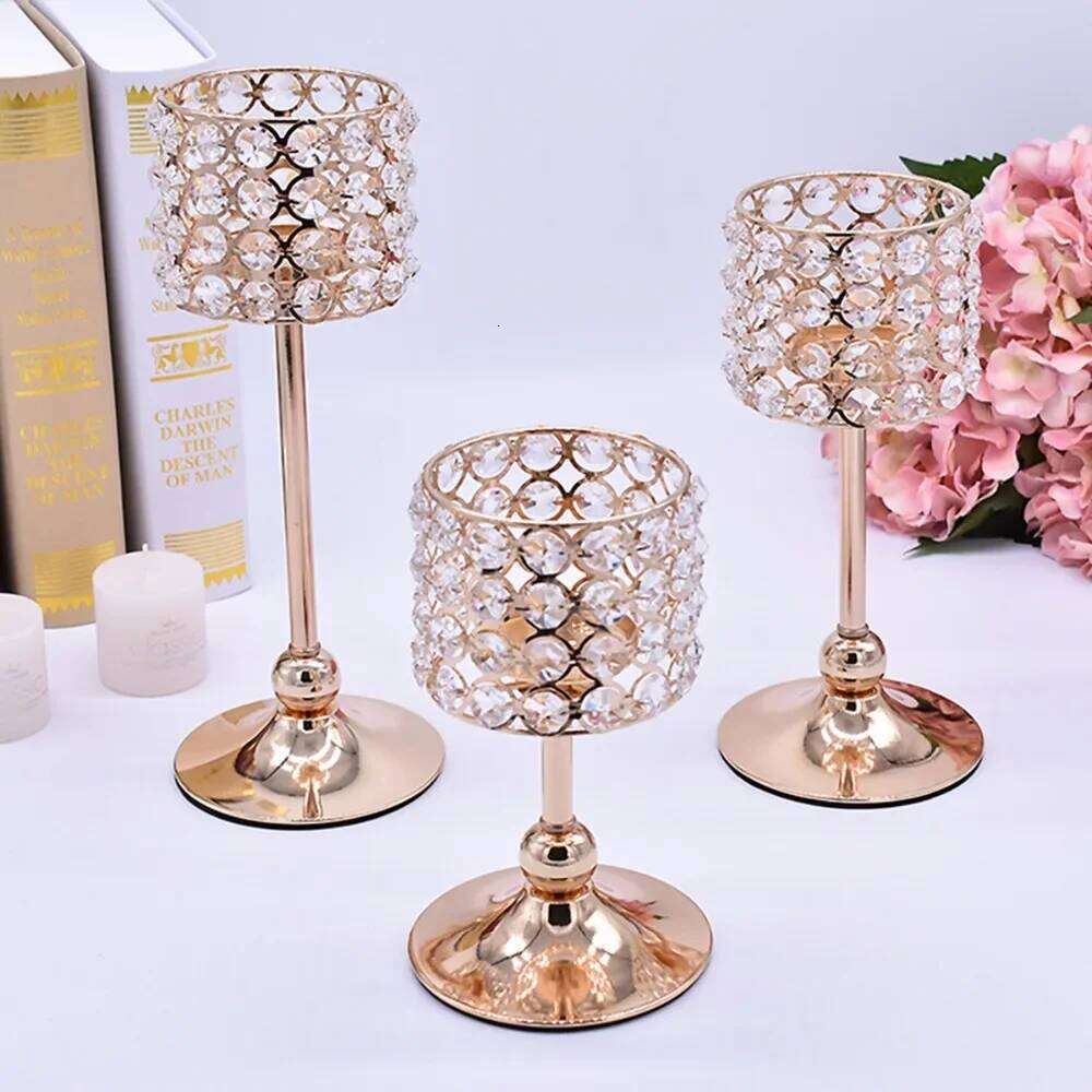 Peandim Silver Gold Plated Candlestick Crystal Candelabra Centerpieces Wedding Party Decor Romantic Home Table Candle Lantern H260310
