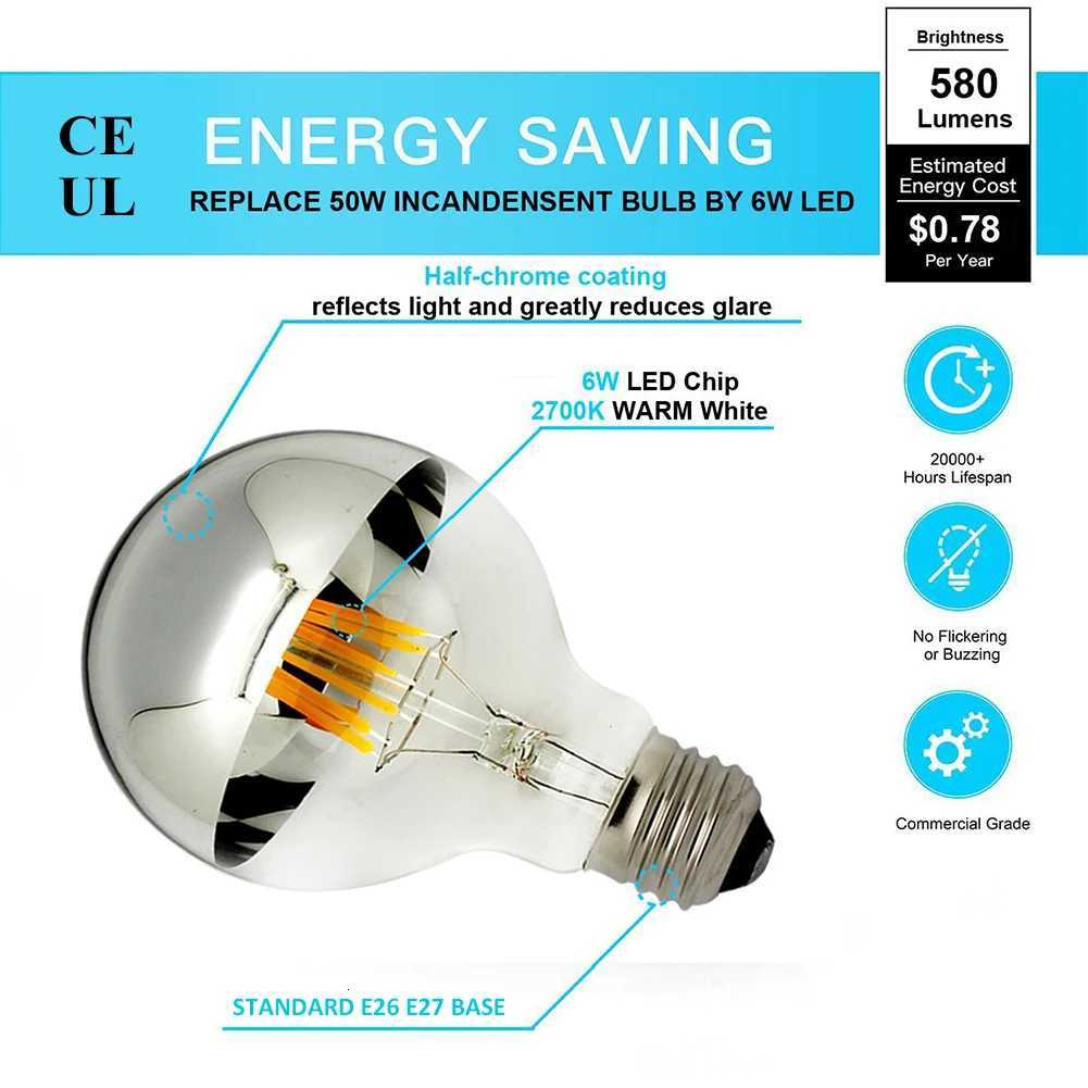 E14 E27 Led Filament Dimmable Sliver Light Bulb G45 Silver Mirror Top Retro Globe Lamp 8W Led Edison Bulbs E12 Warm White 2700K H260310