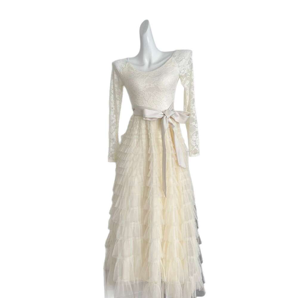 French retro niche lace patchwork fluffy cake skirt dress with wool waistband added for autumn and winter slimming long style