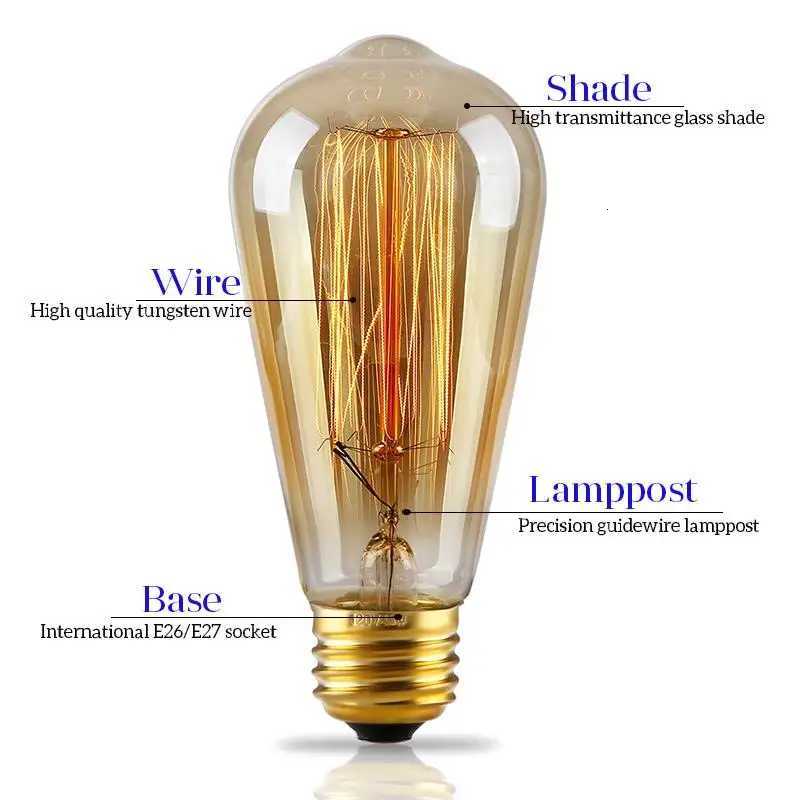 Retro Edison Bulb E27 220V 110V 40W ST64 G80 G95 T10 T45 Dimmable Ampoule Vintage Light Bulb Filament Incandescent Edison Lamp H260310