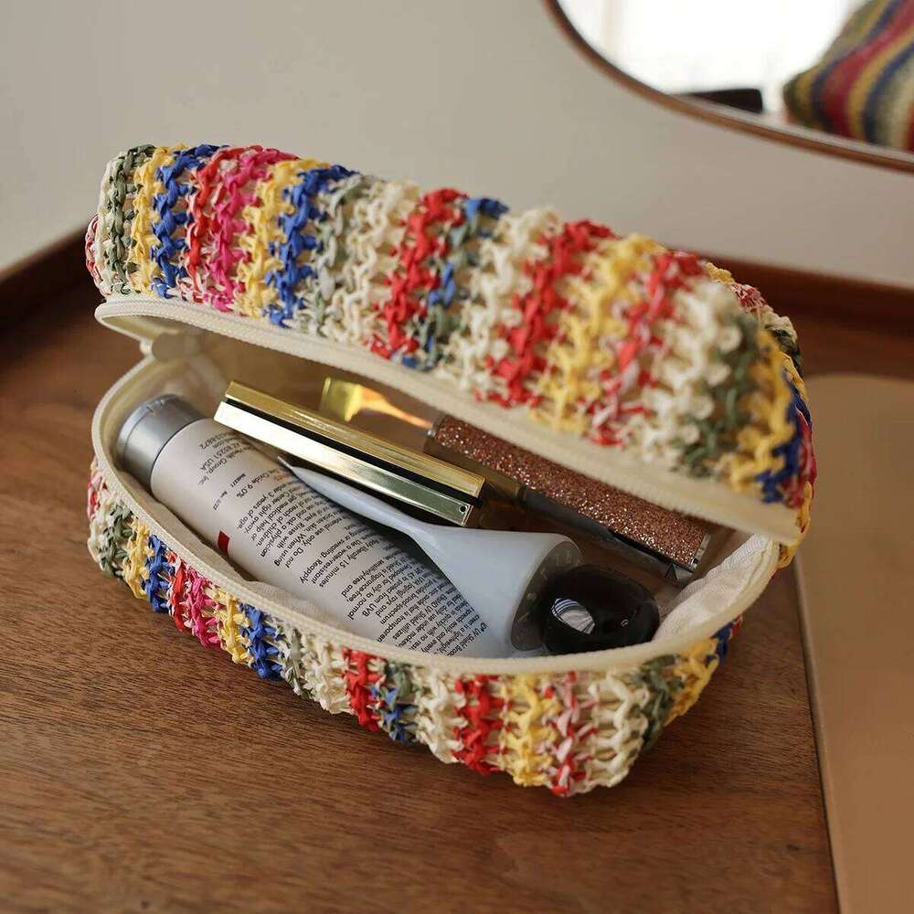 Colorful Knitted Cosmetic Bag Travel-Friendly Handbag Toiletry Pouch Women's Cosmetics & Skincare Organizer On-the-Go Bag-in-Bag XJ260310