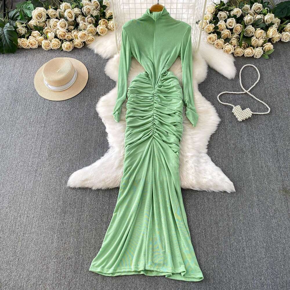 Unique and exquisite women's cross neck semi high neck dress from Europe and America, niche and elegant irregular pleated skirt