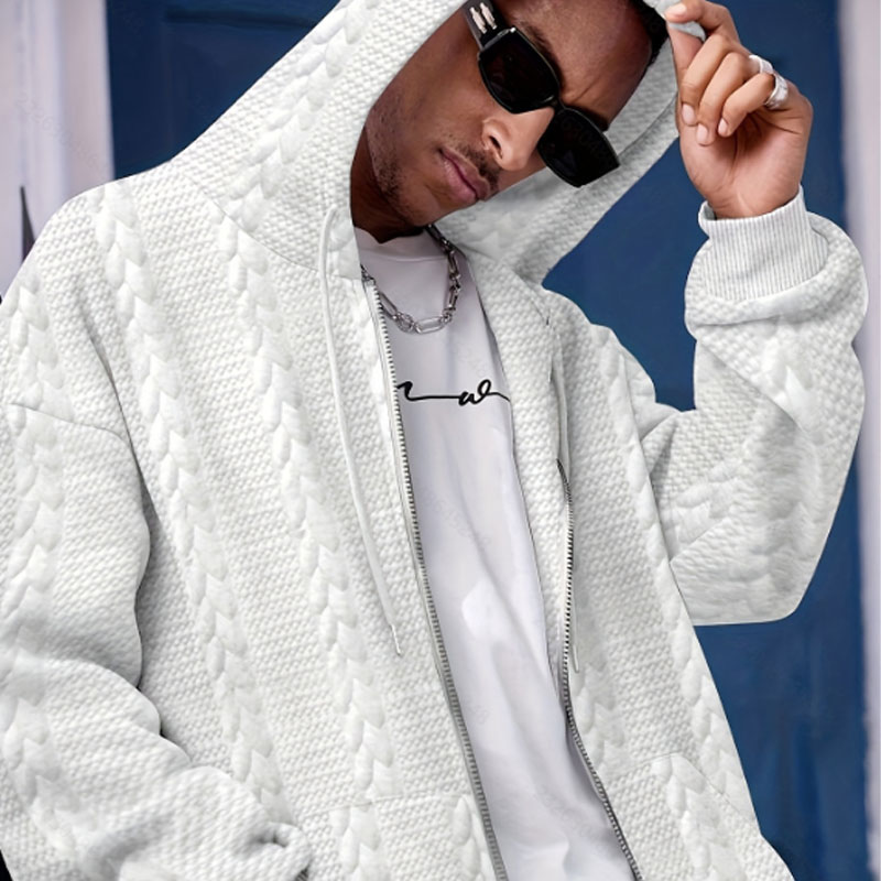 Men's Fashion Jacquard Zip Up Hoodie, Stand Collar Comfortable Outerwear - view 5
