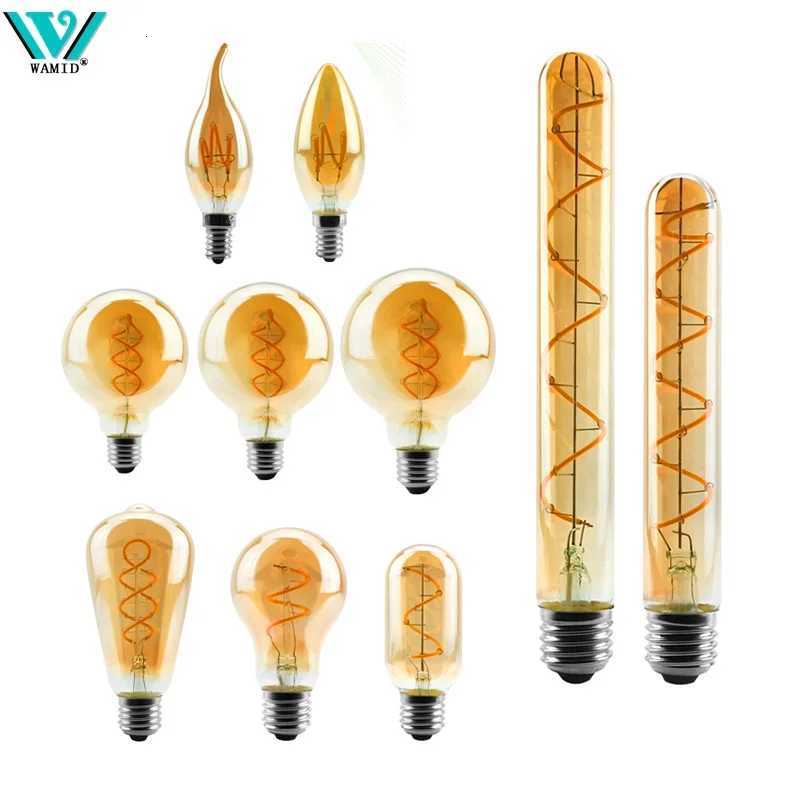 2/4pcs Retro LED Edison Bulb E14 E27 220V Spiral Soft Filament Warm Yellow Led Light Bulb Indoor Decor Tube Globe Vintage Lamp H260310