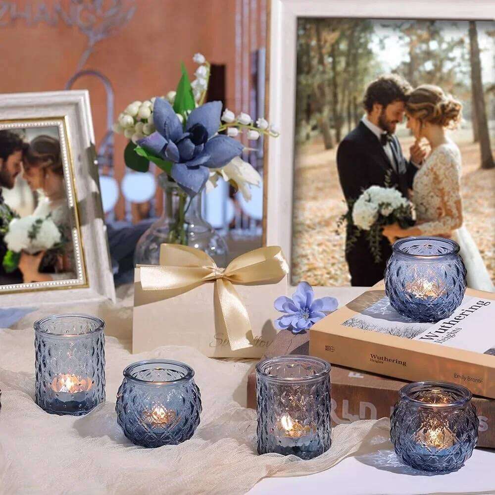 6/12Pcs Blue Votive Glass Candlestick Party Decoration Tea Lights Candle Holders for Wedding Home Table Decor H260310