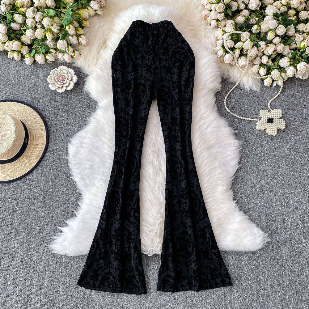 European and American spicy girl style printed long 2026 new high waisted slim fit women's casual bell bottom pants