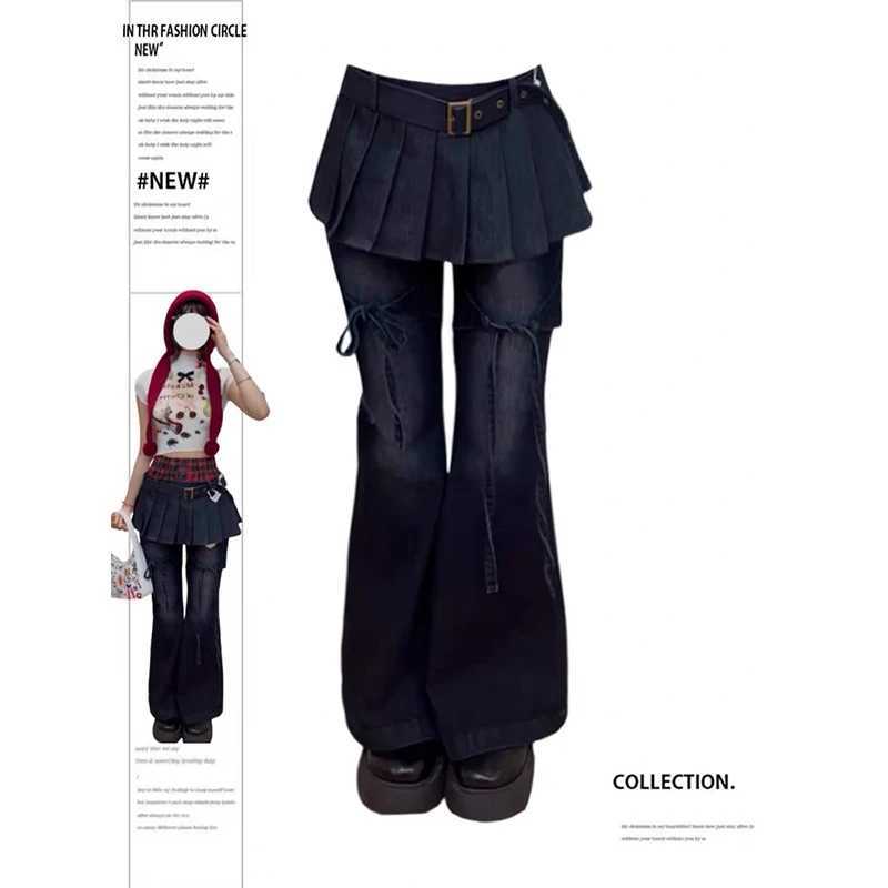 YIBASHU Autumn Womens Denim Pants Slim Flared Jeans Fake Two Pieces Bell Bottom Jeans Abi Y2k Dark Academia Skinny Cyber Punk M260310