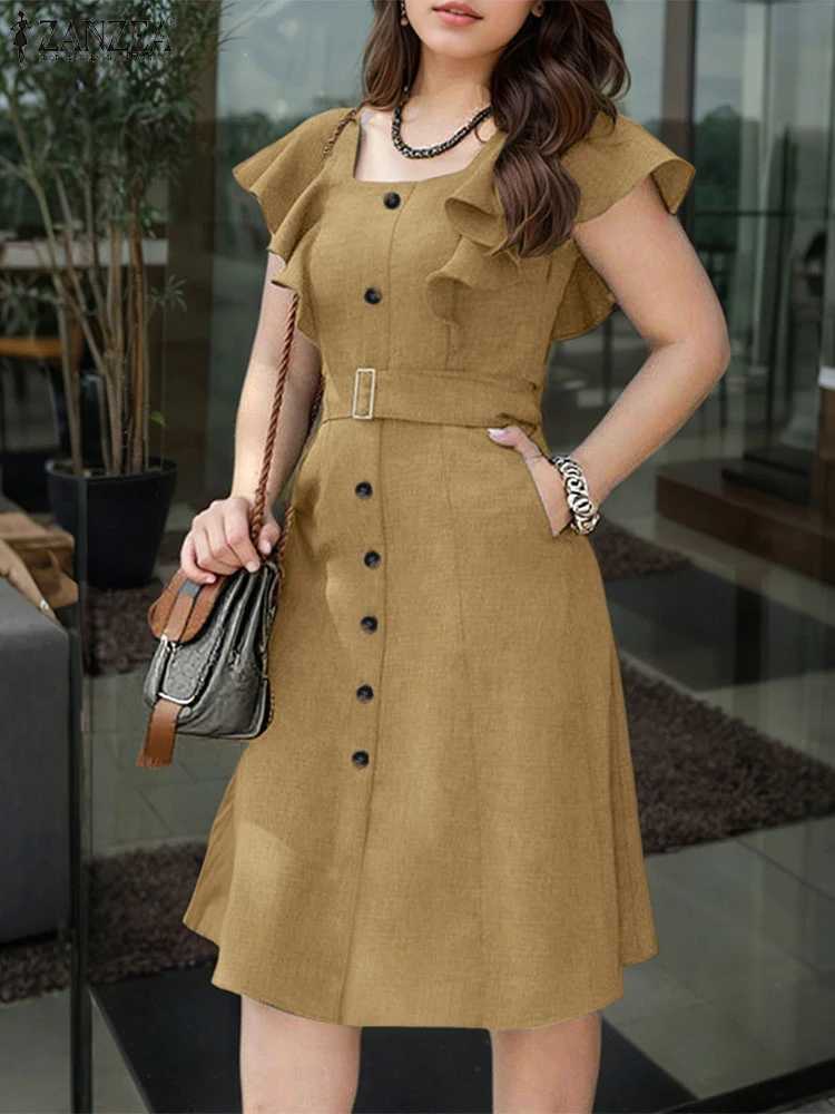 ZANZEA Elegant Women Office Lady Dress Summer Short Slve Ruffled Vestidos Casual Solid Color Square Collar Party Midi Sundress X260310
