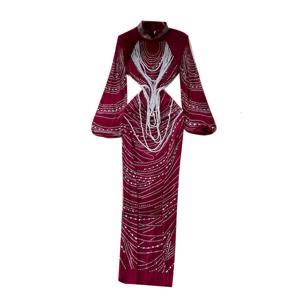 European and American niche fashion rhinestone decorated waist cinched women's dress for autumn 2026, slim fit, elegant and fashionable