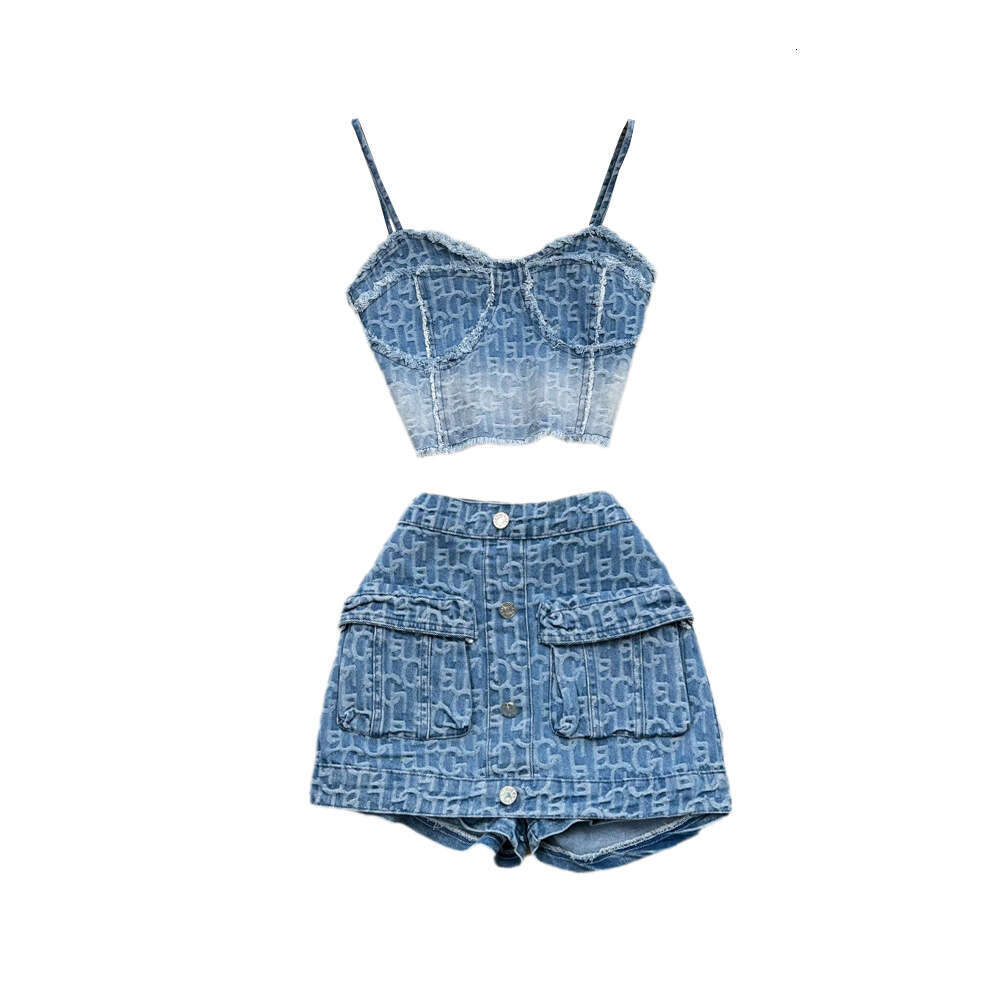 2026 designer style retro high waist slim fit wide leg shorts embroidered denim A-line hot pants two-piece set vest top