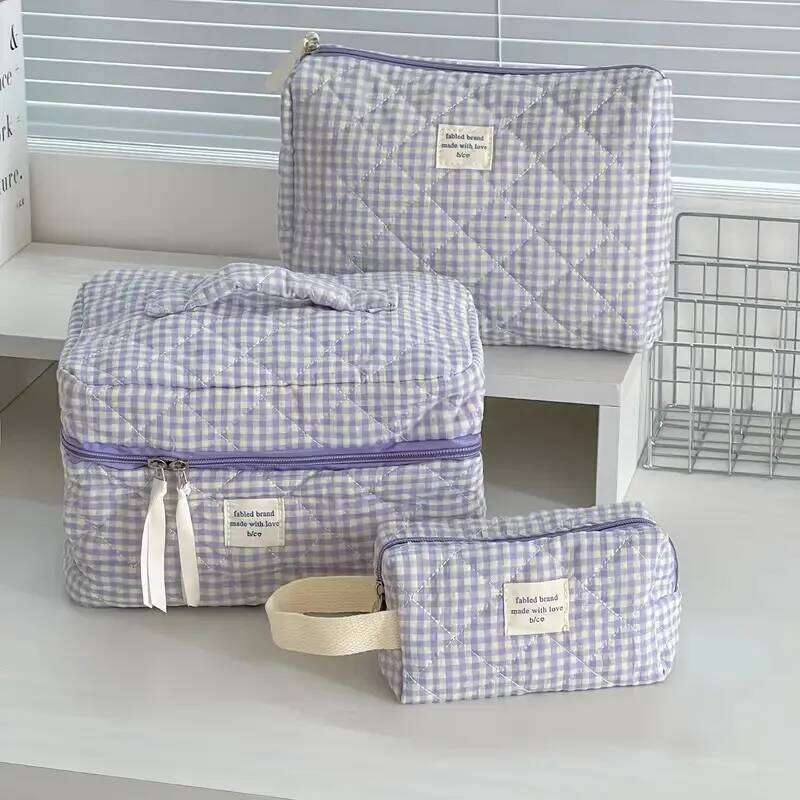 Women Large Capacity Checkered Cosmetic Girls Cotton Skincare Brushes Storage Portable Travel Toiletry Makeup Bag XJ260310