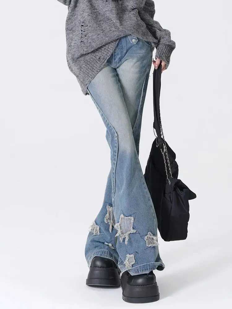 Women Blue Y2k Star Flare Jeans Vintage Cowboy Pants Harajuku Denim Trousers 90s Aesthetic Streetwear 2000s Trashy Clothes 2024 M260310