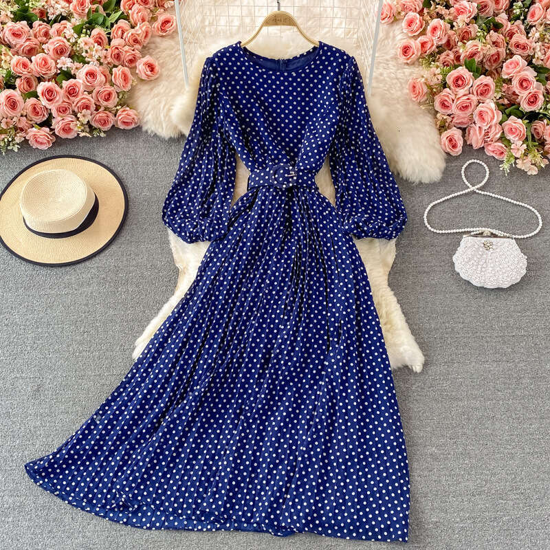 2026 vacation style beach long dress with waistband and big hem chiffon dress with polka dot pattern for autumn wear
