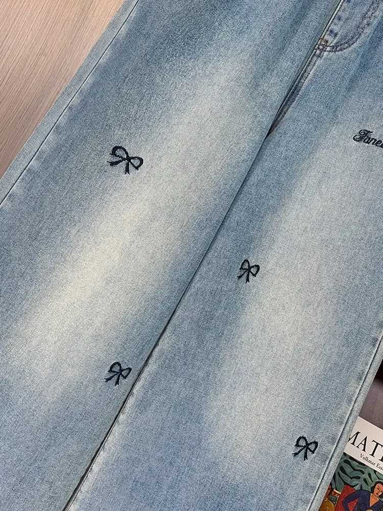 Plus Size Jeans Women 2025 Autumn Winter New Arrivals Bow Embroidery Wide Leg Loose Jeans Woman Trousers Elastic Waist Jeans M260310