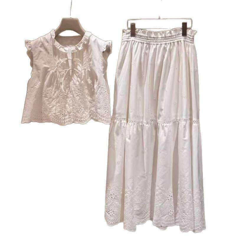 2026 Spring and Summer New Designer Hollow Embroidery Ruffle Sleeve Women's Shirt Skirt Set