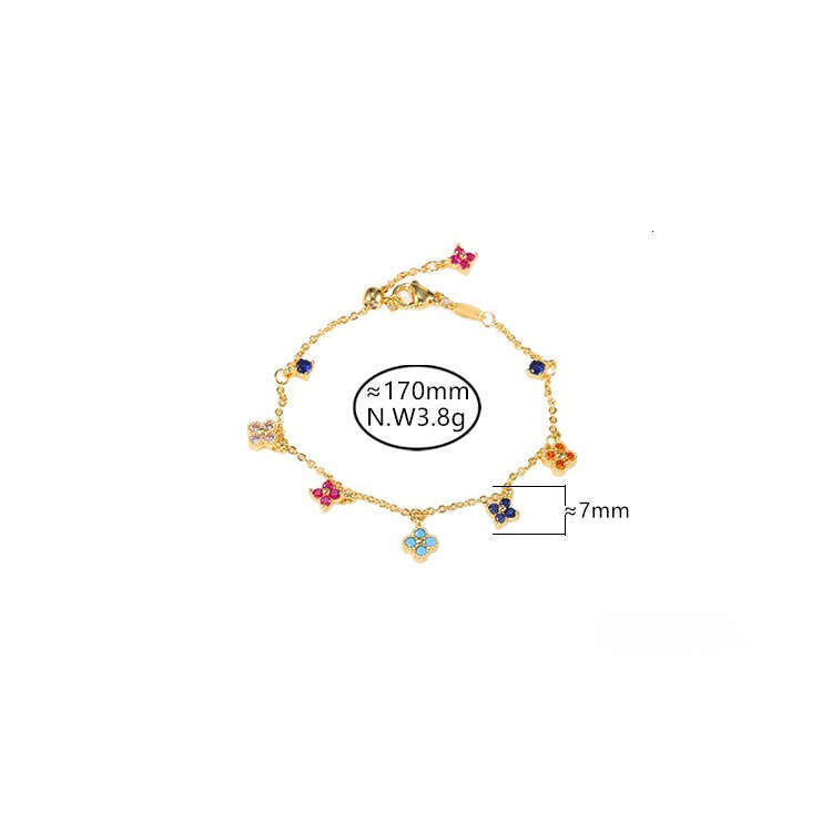 Clover Bracelet for Women Dainty O-Chain Colorful Zircon Inlaid Four-Leaf Clover Bracelet 18K Gold Plated Light Luxury INS Dopamine Adjustable Versati