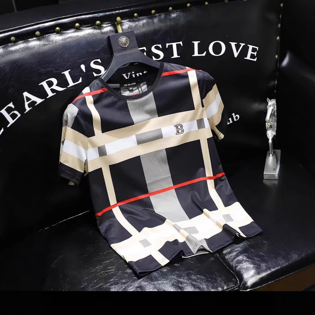 Clothes Luxury Designer European Station Cool Short Sleeve T-Shirt For Men Summer New Plaid Brand Print B Letter Personality 2026 Youth Trend Plus Siz