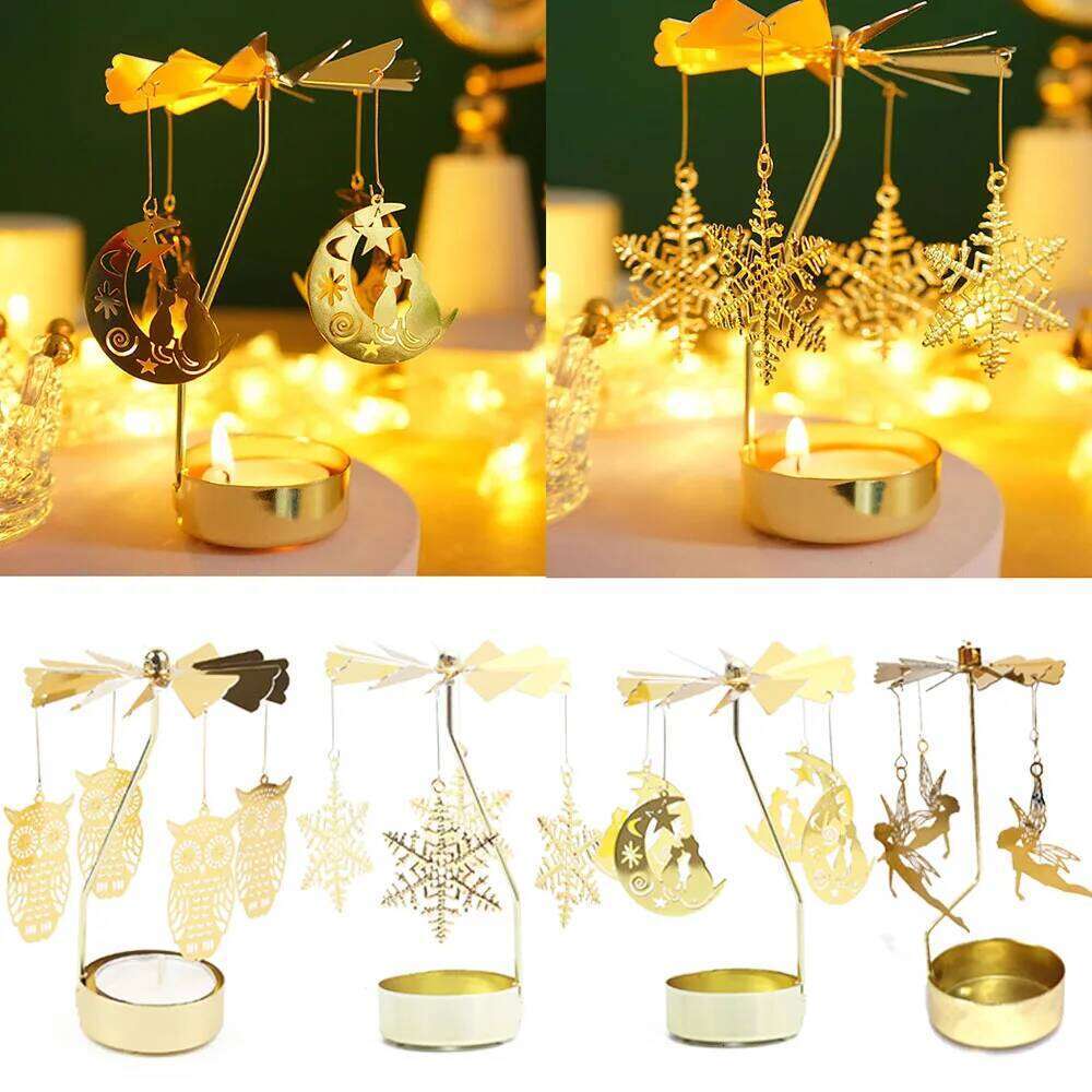 Gold Rotating Candle Holder Christmas Decor Metal Spinning Tealight Carousel DIY for Wedding Party Table Centerpiece Decoration H260310