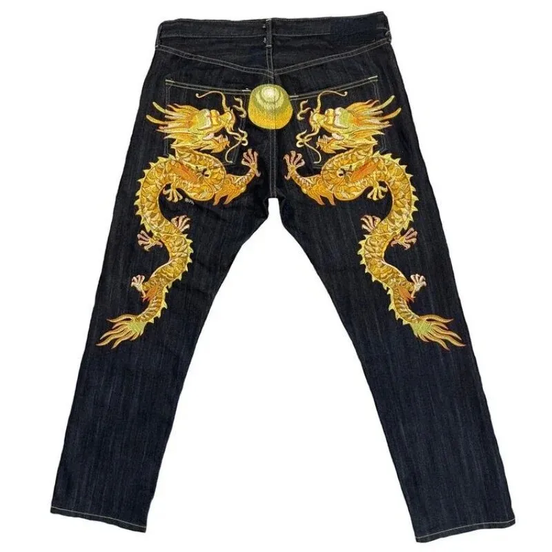 Men's Jeans Karakuri Brocade Carp Printed Jeans Harajuku American Fashion Y2K Knight Yellow Pattern Printed Summer Casual Street Trousers Hip Hop