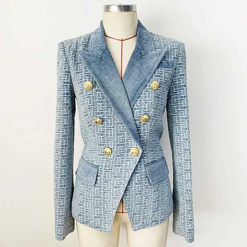 HIGH STREET Newest 2024 Designer Jacket Womens Double Breasted Lion Buttons Monogram Jacquard Denim BlazerT260310