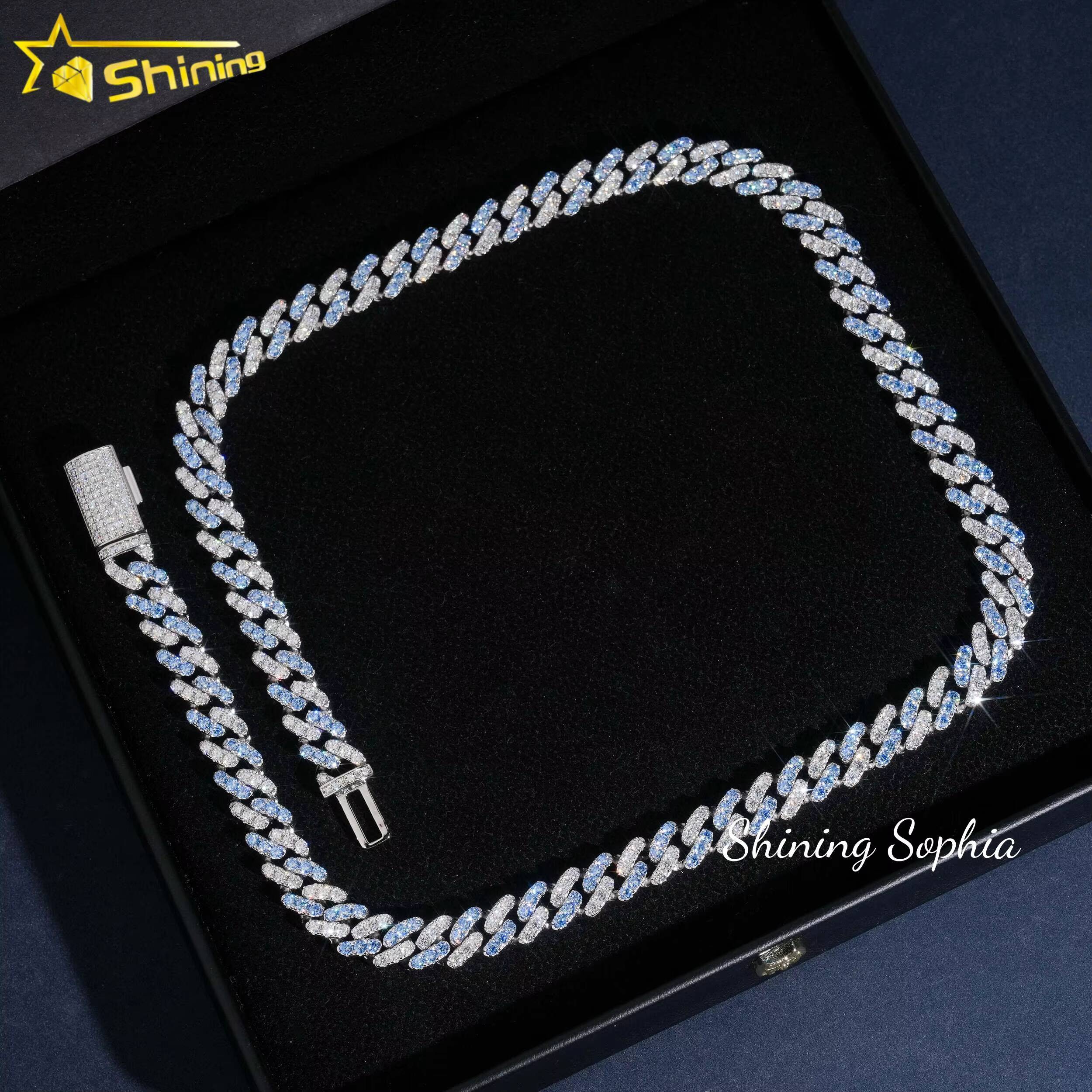 10mm 14K White Gold Plated Two Tone Blue and White Moissanite Diamond Cuban Link Chain Necklace