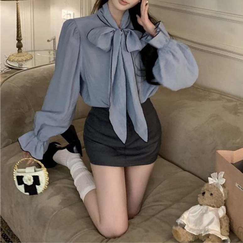 Blue Bow Tie Bell Sleeve Shirt for Women Spring and Autumn New Loose Korean Style Shirt with Unique Design 210317