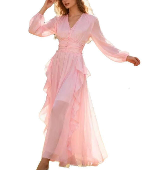 2026 spring and summer elegant and simple pure color V-neck silk vacation style flowing long skirt for European and American women