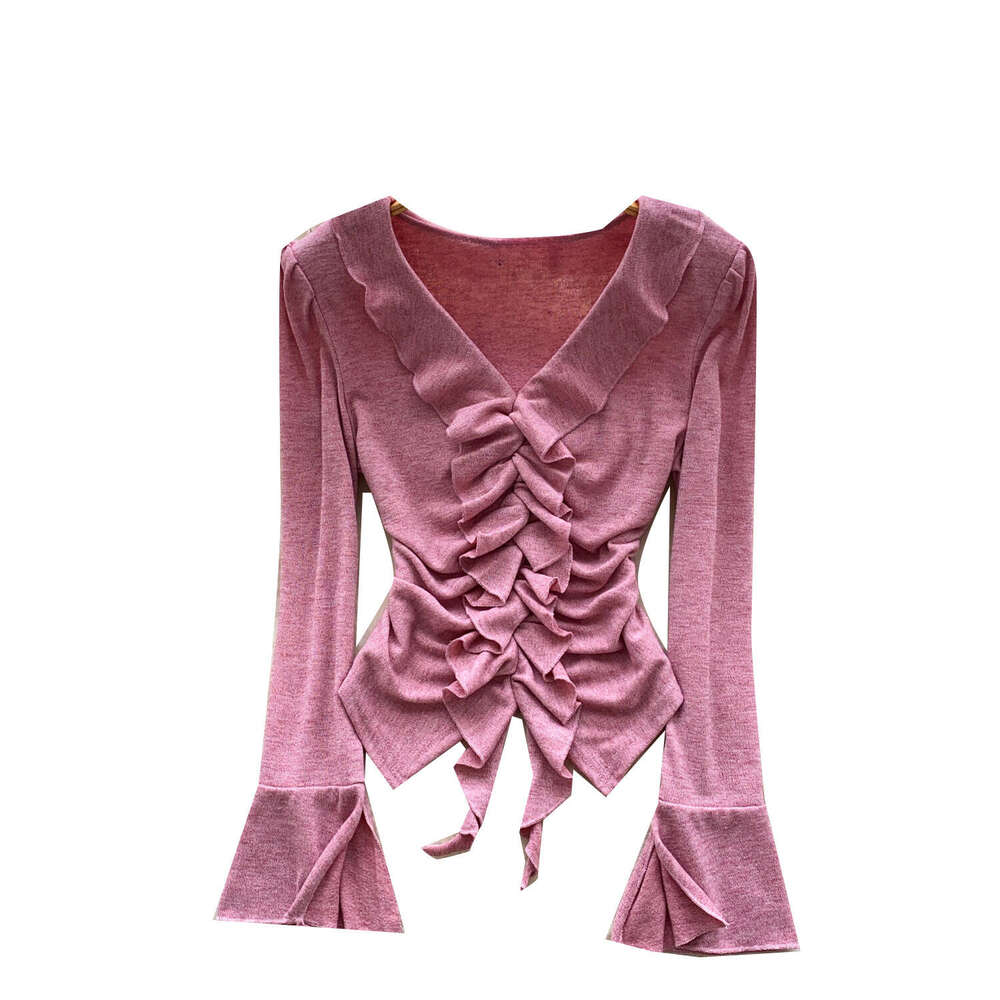 2026 French elegant retro V-neck pleated patchwork long sleeved pleated slim fit top for autumn women to wear