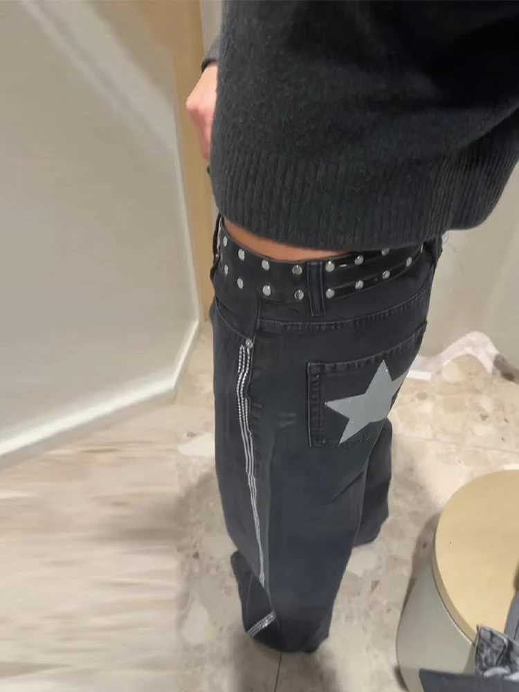 Shining Womens Rhinestone Denim Jeans Sparkly Star High Waist Wide Leg Pants Spring Female Party Clubwear Streetwear TrousersT260310