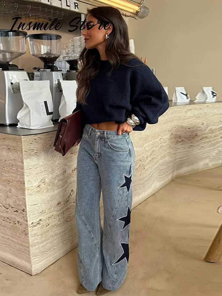 Fashion Womens Star Blue Jeans High Waist Pockets Zipper Wide Leg Denim Pant 2026 Spring Lady Street All-match Trouser M260310