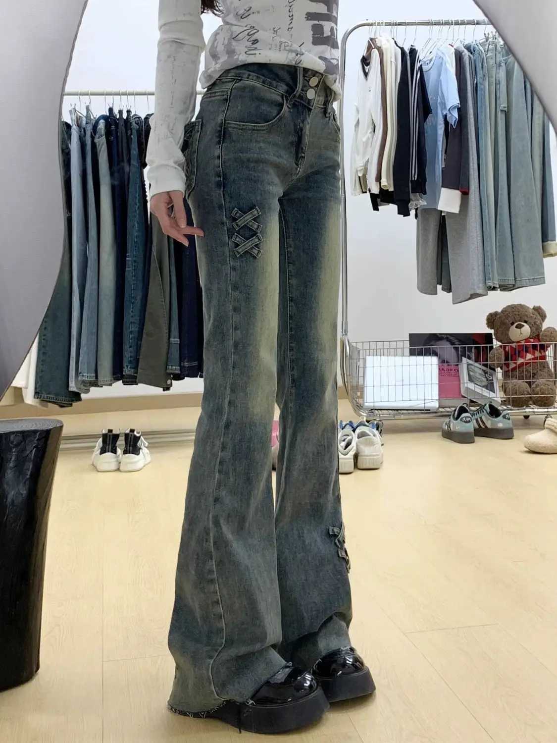 New retro high waist solid color micro-flare women jeans y2k fashion street clothing slim and slim stretch flared pants M260310
