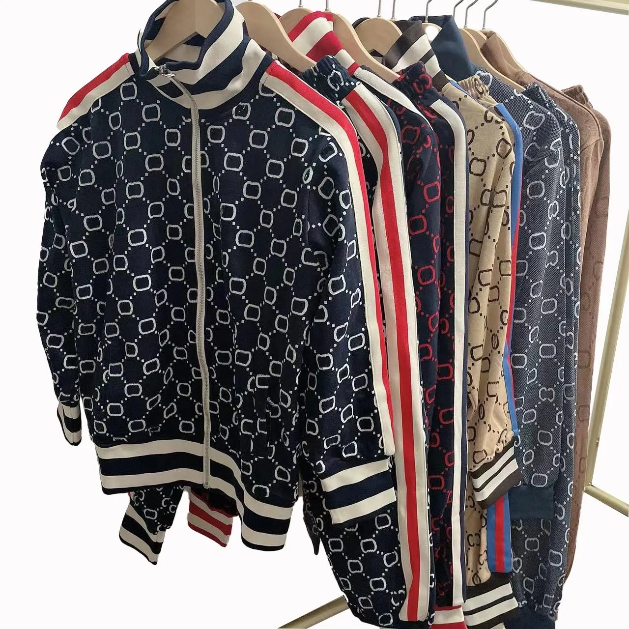 Luxury Designer Mens Two Piece Tracksuit Retro Geometric Print Zip Up Cardigan Sweatpants Set Color Block Stripe Sportswear