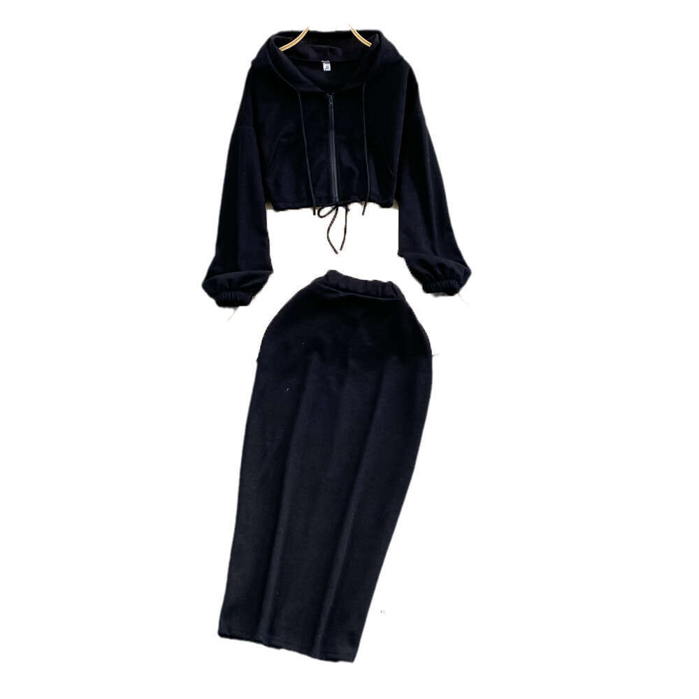 Women's fashion set, Korean zipper hooded sweatshirt jacket, two-piece set, high waist slim fit, medium length 2026