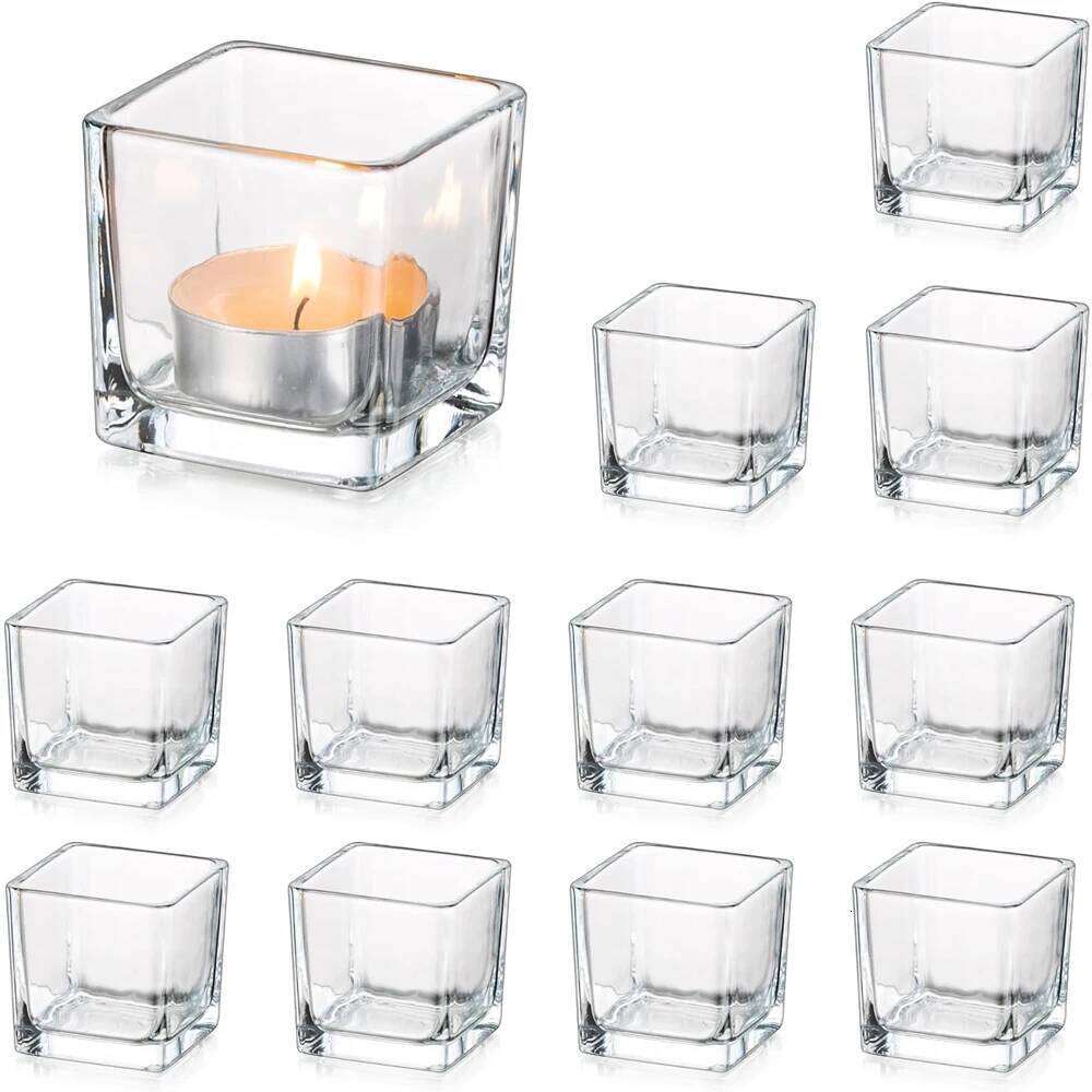 Square Holders for Table Centerpieces, Small Tealight Holder Set of 12, Clear Glass Votive Candle Holders, Mini Cube Tea H260310