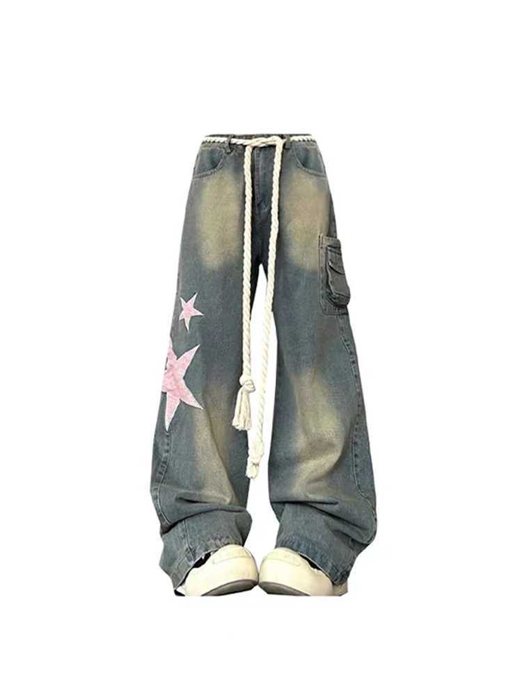 Women Baggy Star Jeans Vintage Harajuku Oversize High Waist Denim Trouser Emo 2000s Y2k 90s Aesthetic Wide Pants Trashy Clothes M260310