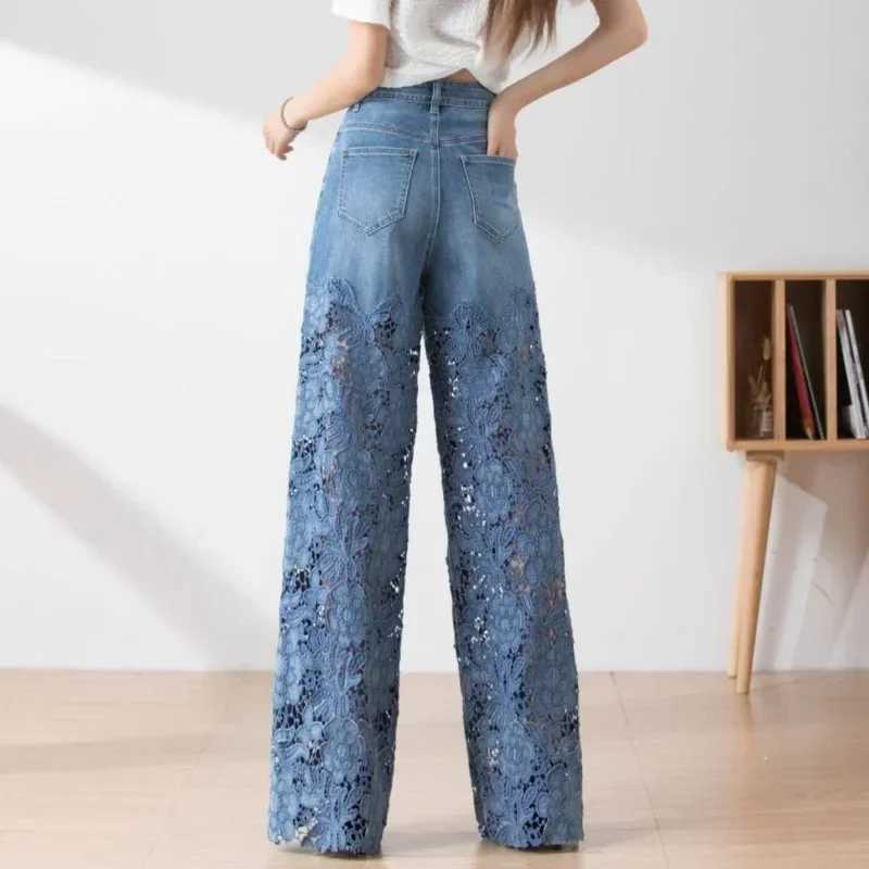 Womens High Waist Jeans Lace Patchwork Hollow Out Oversized Spring Pants Casual Loose All-Match Fashion Elegant Trousers M260310