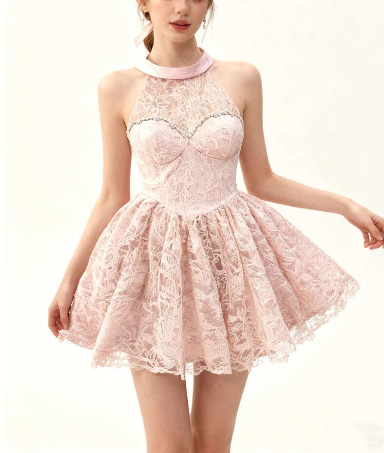 2026 Spring/Summer New Elegant and Sweet Women's Strap Sleeveless Lace Jacquard Waist Fluffy Short Skirt