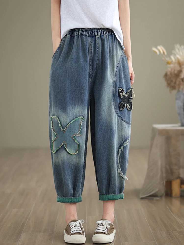 Plus Size Denim Jeans For Women 2024 Autumn New Arrivals High Elastic Waist Embroidery Streetwear Harem Pants Women Hot Sale M260310