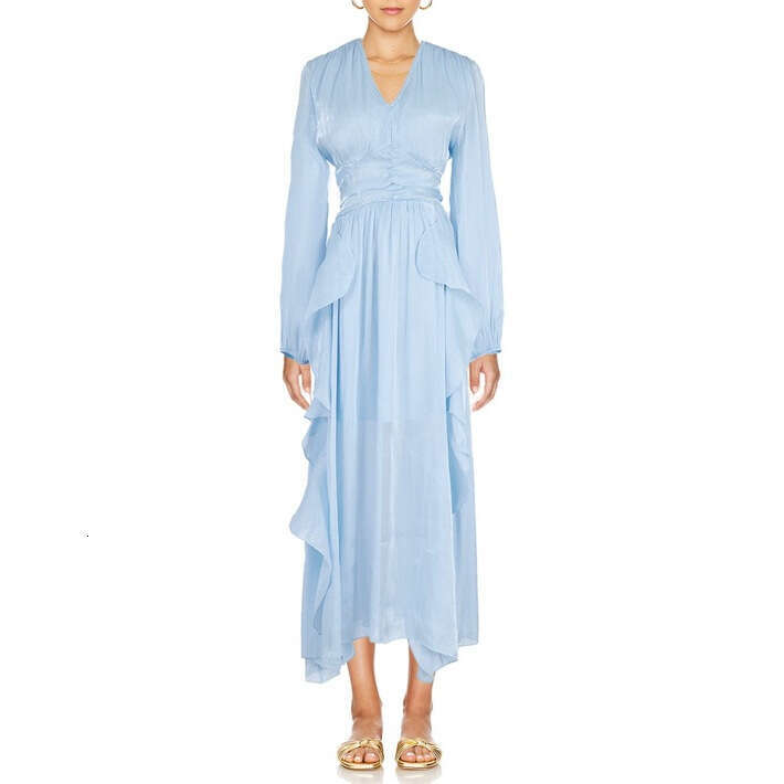 2026 new European and American niche goddess elegant and elegant solid color silk V-neck ruffled hem flowing long skirt