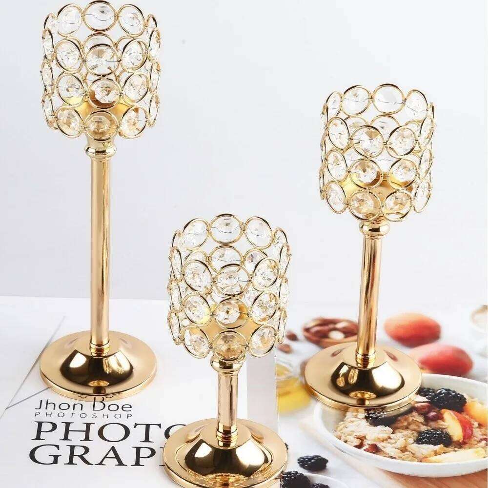 Retro Golden Candle Holder Crystal Metal Tea Stand Lamp Candlestick European Style H260310