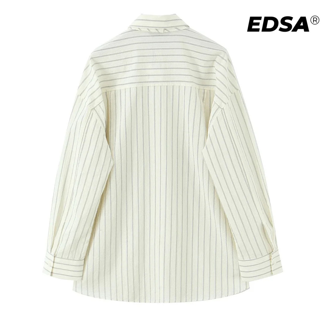 EDSA Women Striped Oversize Shirt with Tie Long Sleeves Collared Neck Buttonup Tops for Office Lady 250305 - view 4